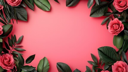 Fototapeta premium Valentines day background. Floral frame with pink background.