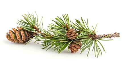 A single pine tree branch with cones, isolated on a white background