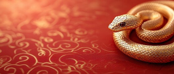 Fototapeta premium Golden snake coiled on luxurious red fabric with intricate patterns. Rich textures and colors evoke themes of prosperity, power, and cultural symbolism.