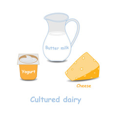 Common cultured dairy products. Buttermilk, yogurt, cheese.