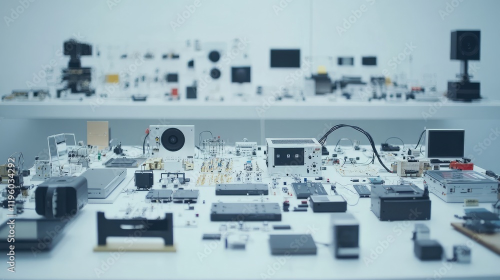 Poster a neatly arranged array of sensors and microchips on an rd workbench.