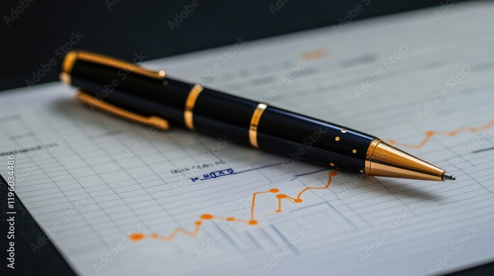 Poster a pen resting on a profit and loss statement with highlighted figures.