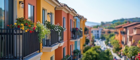 Naklejka premium Vibrant yellow and orange building facades with balconies adorned with colorful flowers, sunny suburban street in background, scenic Mediterranean-inspired neighborhood setting.