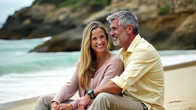 A couple in their 50s relaxing romantically on the beach