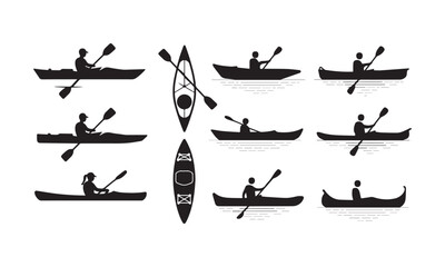 Kayaking Silhouette Icons Set - Kayaks, Paddlers, and Canoeing Designs