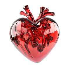 3D rendering of a clear, red glass human heart with bottles isolated on transparent background, render of a red glass anatomical heart - Generative AI