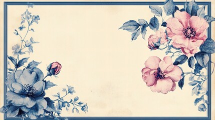 Elegant Floral Border Design with Blue Background and Vintage Touch