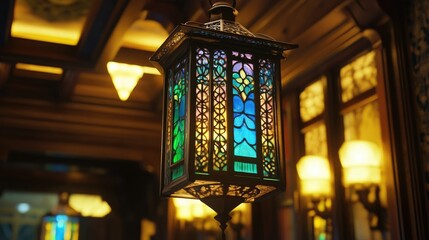 A traditional lantern with intricate metalwork and vibrant glass panels hanging in a quiet space.