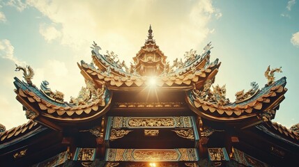 Fototapeta premium A traditional pagoda roof with intricate carvings and detailed designs in an Asian setting.