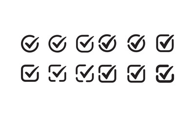 Minimalist icons collection featuring checkmarks, tick symbols, and checkboxes in various styles for tasks, approvals, and completion designs