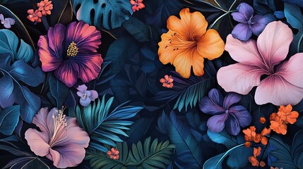 Vibrant Botanical Motif with Colorful Flowers and Leaves Design