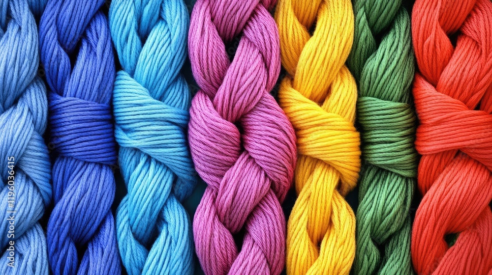 Poster close-up of colorful synthetic fiber strands, neatly arranged in a pattern.