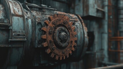 Close-up of a rusted gearwheel on a weathered industrial machine.