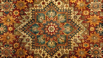 Fototapeta premium Antique starburst rug: a vintage Persian carpet, boasting aged textile and bohemian style.