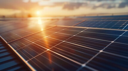 A close-up of solar panels reflecting sunlight, showcasing renewable energy technology with a beautiful sunset backdrop.
