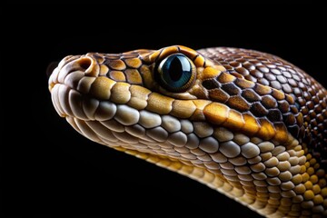 A serpent's face, captured in striking black and white wildlife macro photography; an intense animal portrait.