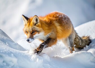 Obraz premium A Yellowstone red fox's winter plunge: stunning high-speed wildlife photography.
