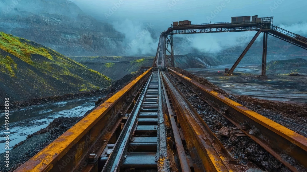 Poster conveyor belts with raw ore traveling towards a processing area in a mining site.
