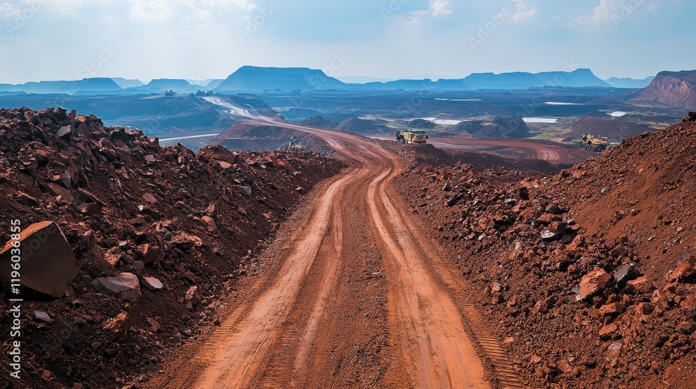 Poster conveyor belts with raw ore traveling towards a processing area in a mining site.