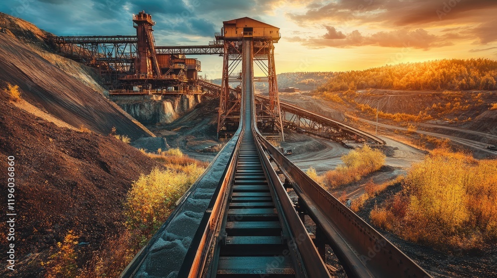 Poster conveyor belts with raw ore traveling towards a processing area in a mining site.