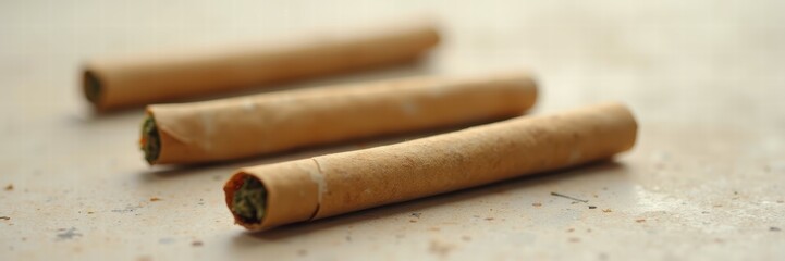Close-up of three rolled herbal cigars on a rustic surface. Ideal for promoting wellness, herbal products, or lifestyle choices related to natural remedies.