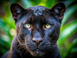 Black panther, eyes glowing, a captivating wildlife close-up.  Raw power in a candid moment.