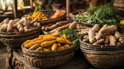 Fototapeta premium Vibrant turmeric, ginger, and root vegetables in woven baskets at a market stall.