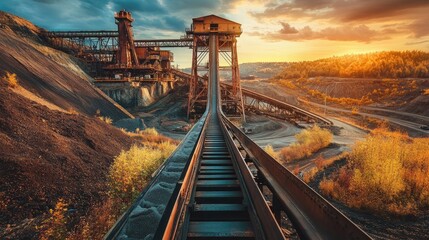 Naklejka premium Conveyor belts with raw ore traveling towards a processing area in a mining site.