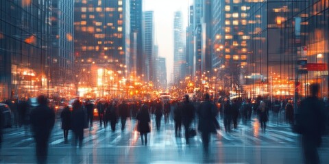 Fototapeta premium City Street at Dusk Crowds Moving Through Illuminated Buildings