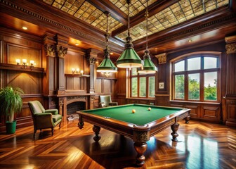 Classic architecture meets playful billiards: a round table anchors an elegant room, perfect for refined games.
