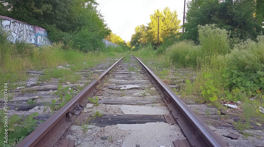 Poster old rail lines leading to an abandoned rust belt factory with broken windows.
