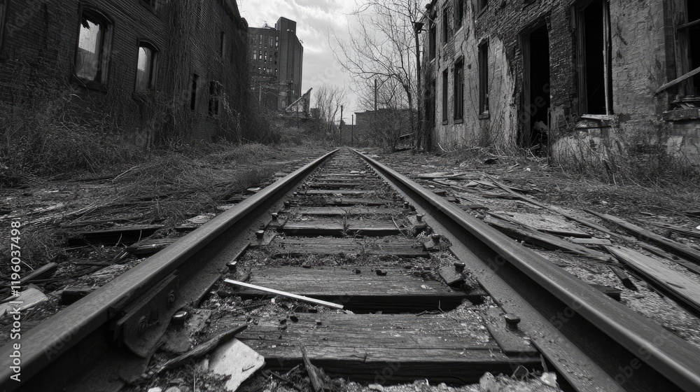 Poster old rail lines leading to an abandoned rust belt factory with broken windows.