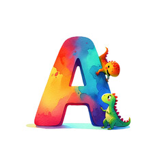 A colorful letter "A" with playful dinosaurs interacting around it.