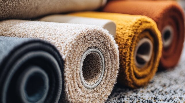Rolls of synthetic fiber carpets in neutral colors, ready for installation.
