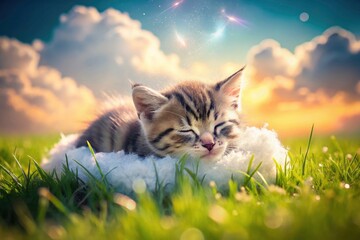 Cute kitten naps peacefully in a double-exposed nature photo, a dreamy pet portrait.