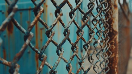 Naklejka premium Rusted chain-link fence surrounding an abandoned industrial site.