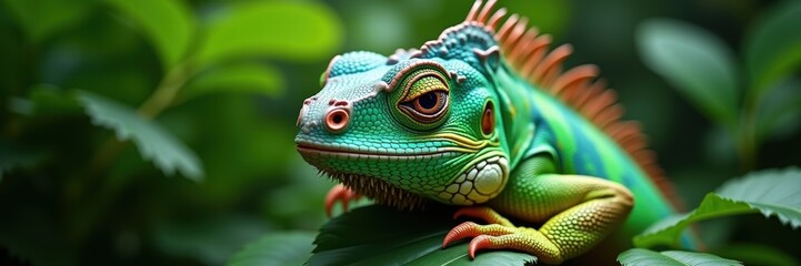 Fototapeta premium A vibrant, close-up image of a green iguana resting on lush foliage, showcasing the beauty of nature and biodiversity.
