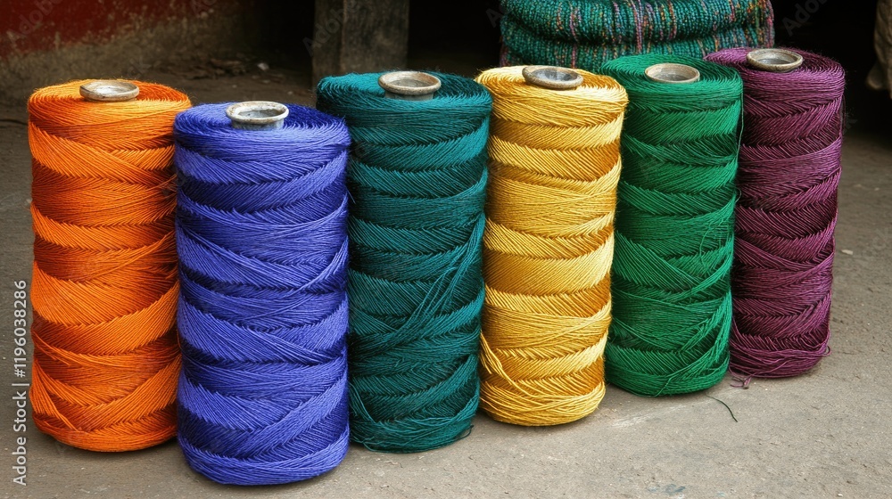 Poster spools of polyester thread in various colors lined up in a textile workshop.