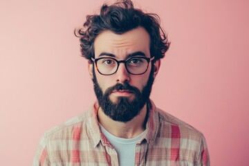 Obraz premium Stylish Young Man with Beard and Glasses Against a Pink Background