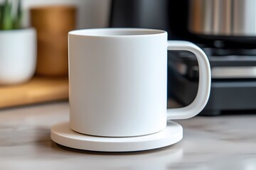 Matte White Mug on Warming Disc, Modern Kitchen Setting