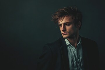 Fototapeta premium Stylish Portrait of a Young Man in a Dark Setting with Dramatic Lighting