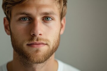 Obraz premium Close-Up Portrait of a Young Man with Blue Eyes and Beard Against a Neutral Background