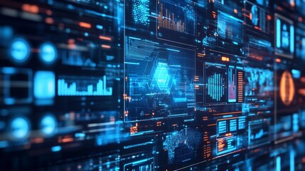 Futuristic digital interface with data visualization.