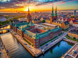 Obraz premium Drone captures Copenhagen's Borsen Stock Exchange, its architecture majestic against Denmark's panoramic city backdrop.