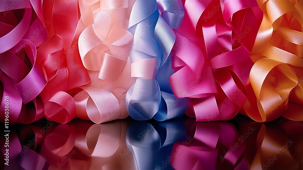 Poster Colorful satin ribbons arranged artistically on a reflective surface with various shades creating a vibrant display. Generative AI