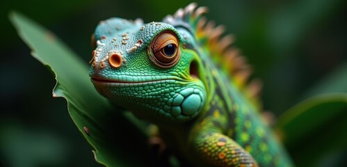Fototapeta premium A vibrant close-up of a colorful lizard perched on a leaf, showcasing its intricate patterns and textures, ideal for nature and wildlife projects.