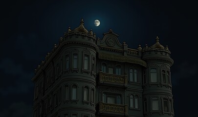 Obraz premium A majestic building under a full moon, exuding an enchanting atmosphere. Ideal for night-time urban imagery, real estate, and architectural projects.
