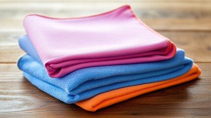Synthetic microfiber cloths in vibrant colors folded neatly on a wooden surface.