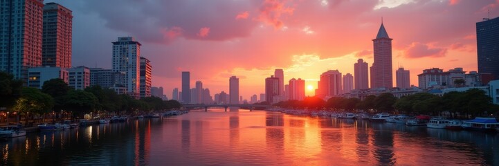 Fototapeta premium Beautiful sunset over a city skyline, reflecting on the river. Ideal for themes of urban lifestyle, real estate, travel, and nature.