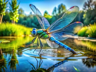 Naklejka premium Giant blue darner, Anax imperator, showcased in stunning aerial drone photography; a majestic view.